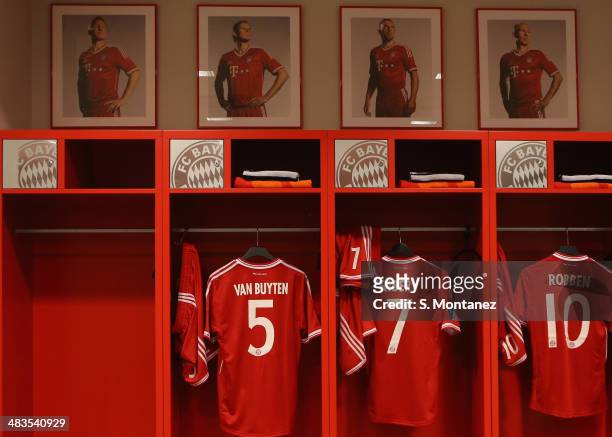 The empty locker of suspended Bastian Schweinsteiger of Bayern Muenchen is displayed ahead of the UEFA Champions League quarter final second leg...