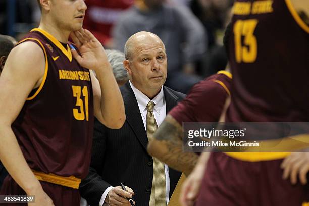 Head Coach Herb Sendek of the Texas Longhorns stands on the sidelines in the second half of play against the Arizona State Sun Devils during the game...