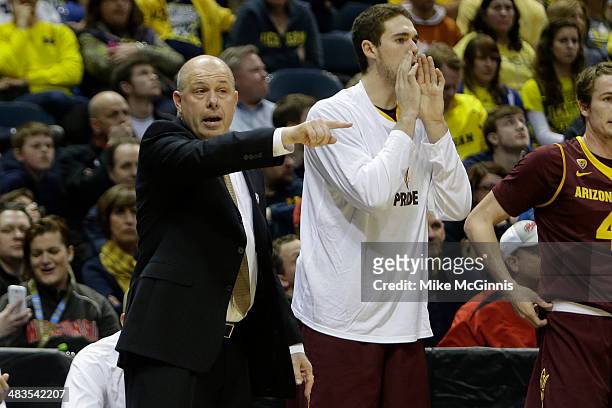 Head Coach Herb Sendek of the Texas Longhorns stands on the sidelines in the first half of play against the Arizona State Sun Devils during the game...