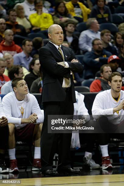 Head Coach Herb Sendek of the Texas Longhorns stands on the sidelines in the first half of play against the Arizona State Sun Devils during the game...