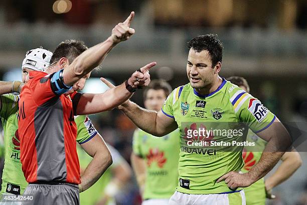 David Shillington of the Raiders is sent off after headbutting Aaron Woods of the Tigers during the round 22 NRL match between the Canberra Raiders...