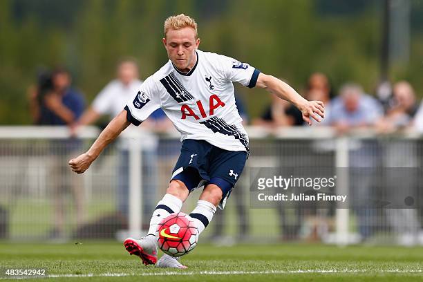 Alex Pritchard of Spurs scores from a free kick to make it 1-0 during the Barclays U21 Premier League match between Tottenham Hotspur U21 and Everton...