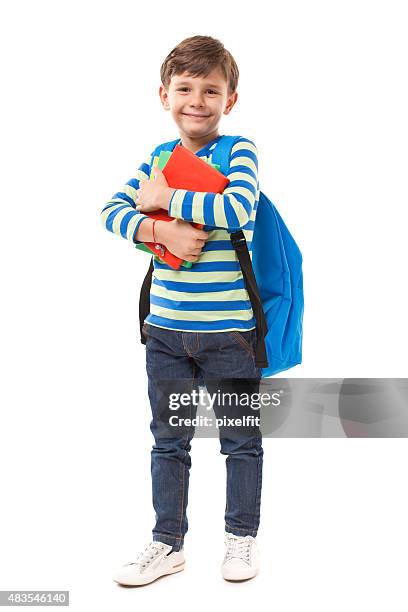 little student smiling on white background - boy holding picture cut out stockfoto's en -beelden