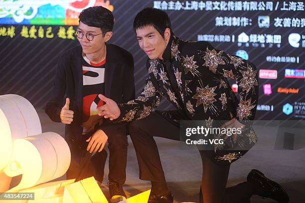 Singer Khalil Fong and singer Jam Hsia attend Spring Wave Music Festival press conference on August 10, 2015 in Shanghai, China.