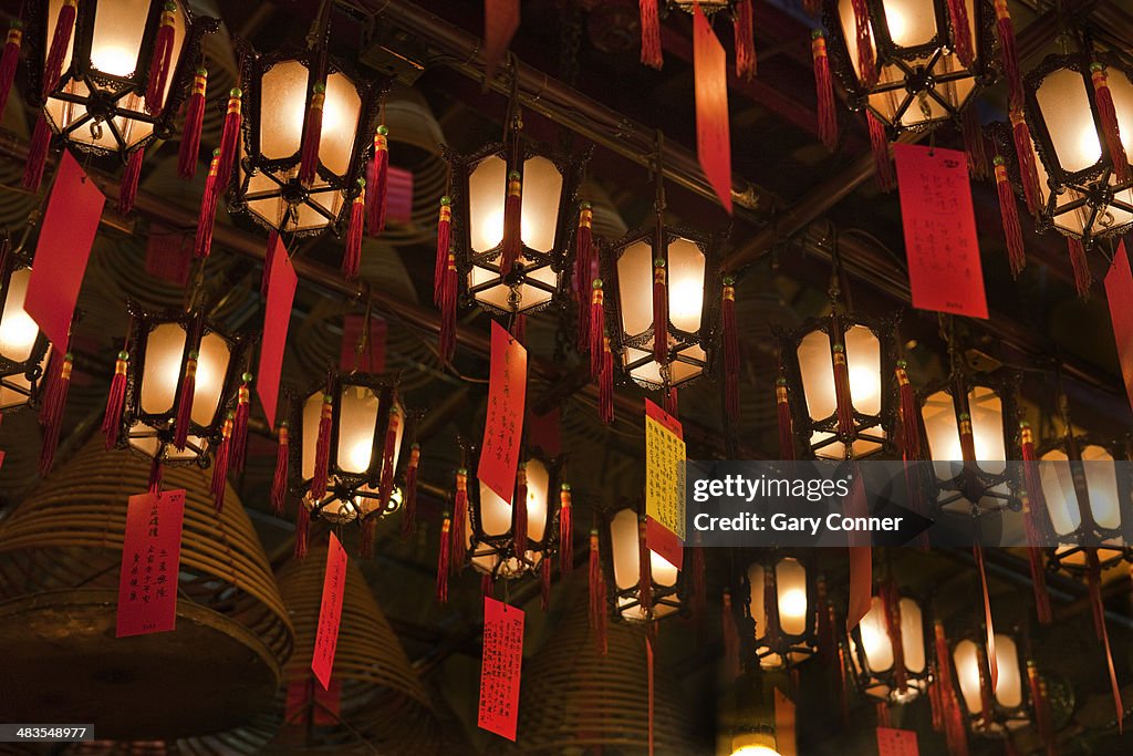 Lanterns and incense coils at Man Mo Temple