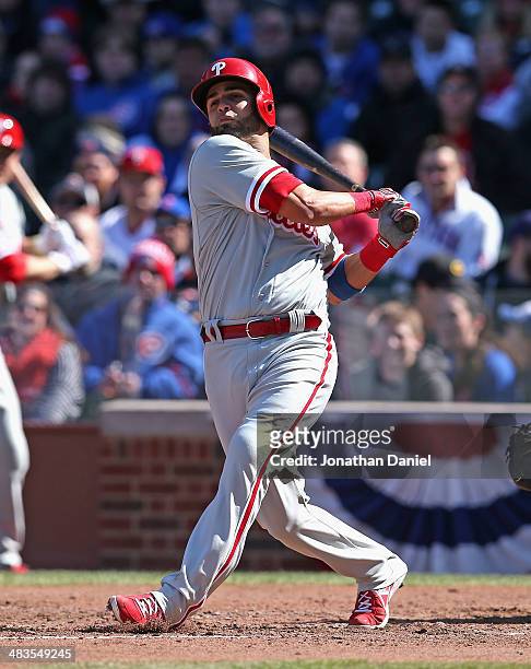 Wil Nieves of the Philadelphia Phillies bats against the Chicago Cubs at Wrigley Field on April 5, 2014 in Chicago, Illinois. The Phillies defeated...