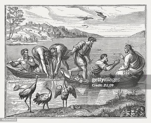 illustrations, cliparts, dessins animés et icônes de miraculeux pêche (luke 5, 1 à 11), de raphaël, publié 1878 - prise de pêche