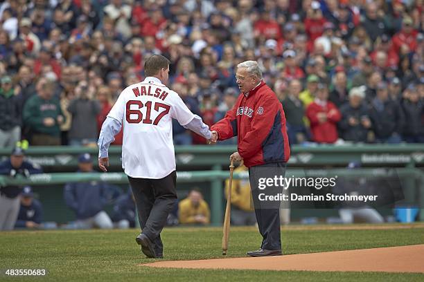 Boston Mayor Marty Walsh shaking hands with former Boston Mayor Thomas Menino after throwing out ceremonial first pitch before Boston Red Sox vs...