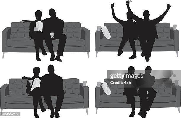 couple sitting on sofa - couple having coffee stock illustrations