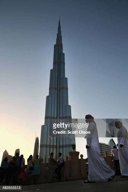 The sun sets on the Burj Khalifa on April 9, 2014 in Dubai, United Arab Emirates. At 2,722 ft, the building is the world's tallest man-made structure.