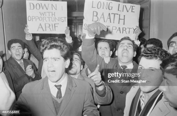 Iraqi students protesting and pledging their allegiance to the Arab Socialist Ba'ath Party, Iraq, 1963.