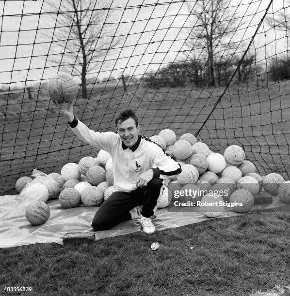 Tottenham Hotspur football player Jimmy Greaves, posing in goal during a training session, London, 24th november 1963.