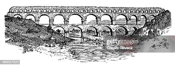 illustrations, cliparts, dessins animés et icônes de ancienne illustration de pont du gard (gard bridge) - le pont du gard