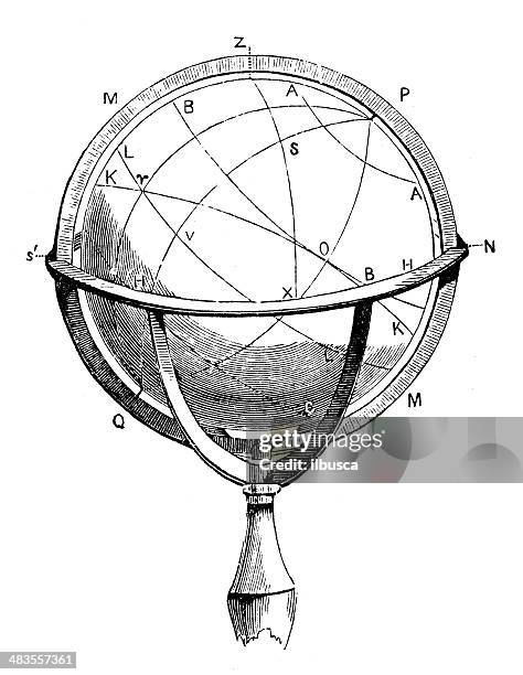 antikes illustration armillarsphäre oder kugelförmige astrolabium - armillary sphere stock-grafiken, -clipart, -cartoons und -symbole