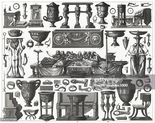 roman furniture and tools - baptismal font stock illustrations