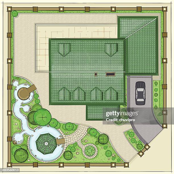 stockillustraties, clipart, cartoons en iconen met house plan with a beautiful garden, ponds and backyard - architectural drawings