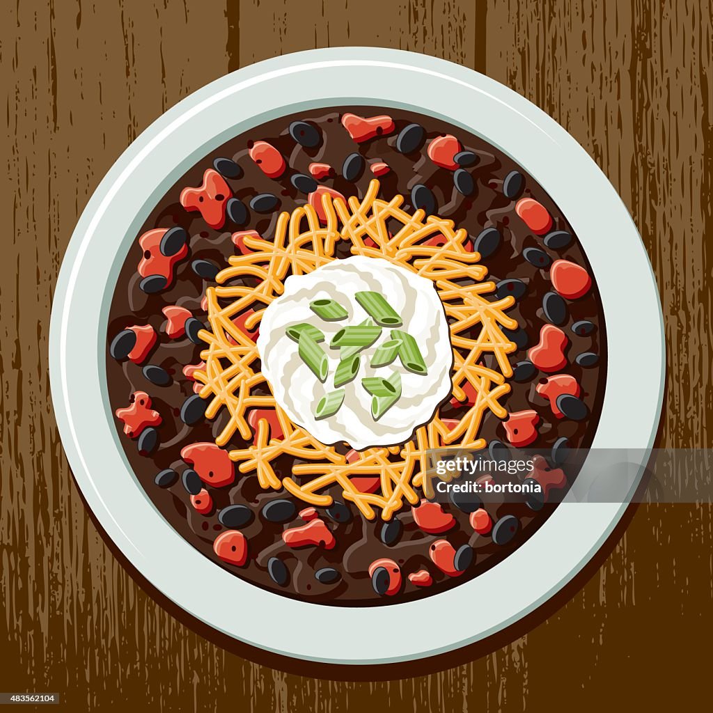 Bowl of Black Bean Soup with Cheese and Sour Cream