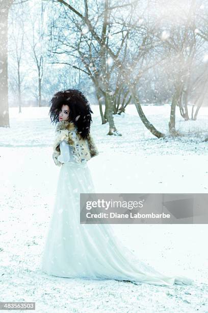 beautiful woman wearing a wedding gown in the snow - winter bride stock pictures, royalty-free photos & images