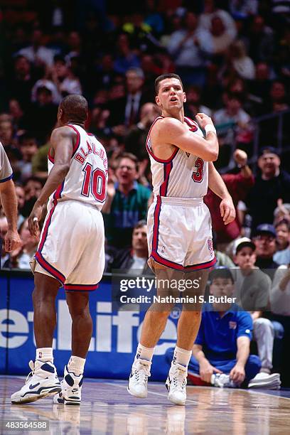 Drazen Petrovic of the New Jersey Nets celebrates during a game circa 1991 at Brendan Byrne Arena in East Rutherford, NJ. NOTE TO USER: User...