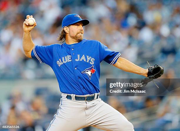 Dickey of the Toronto Blue Jays in action against the New York Yankees at Yankee Stadium on August 7, 2015 in the Bronx borough of New York City. The...