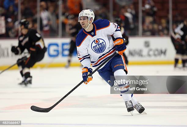 Justin Schultz of the Edmonton Oilers skates prior to the start of the game against the Anaheim Ducks at Honda Center on April 2, 2014 in Anaheim,...