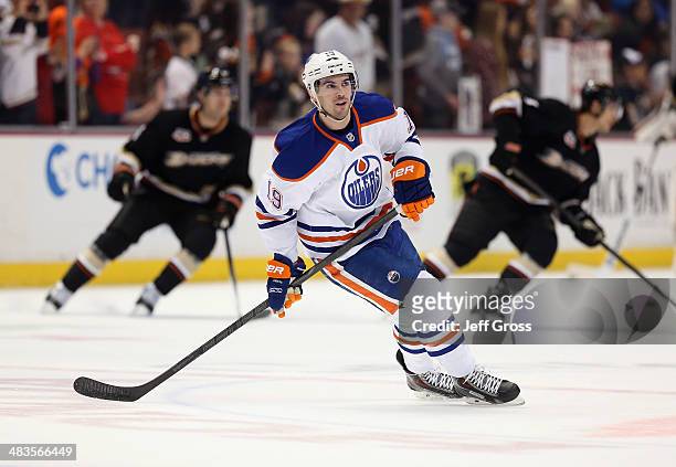 Justin Schultz of the Edmonton Oilers skates prior to the start of the game against the Anaheim Ducks at Honda Center on April 2, 2014 in Anaheim,...