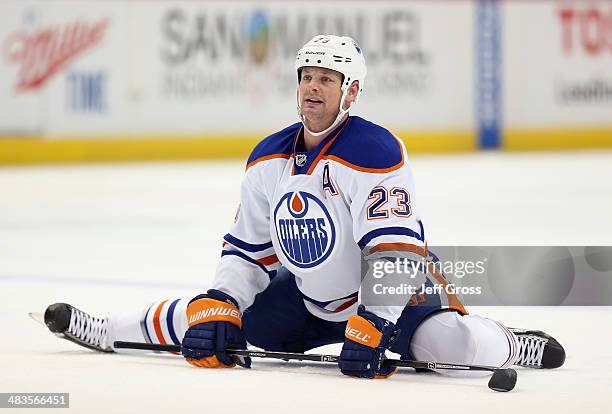 Matt Hendricks of the Edmonton Oilers stretches prior to the start of the game against the Anaheim Ducks at Honda Center on April 2, 2014 in Anaheim,...