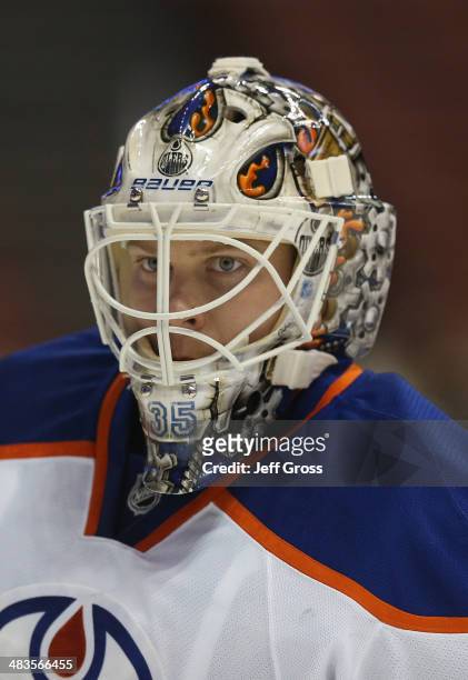 Justin Schultz of the Edmonton Oilers looks on prior to the start of the game against the Anaheim Ducks at Honda Center on April 2, 2014 in Anaheim,...