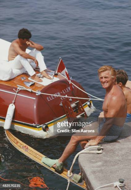 American actor Kirk Douglas prepares to go waterskiing at the Hotel du Cap-Eden-Roc in Antibes on the French Riviera, August 1969.