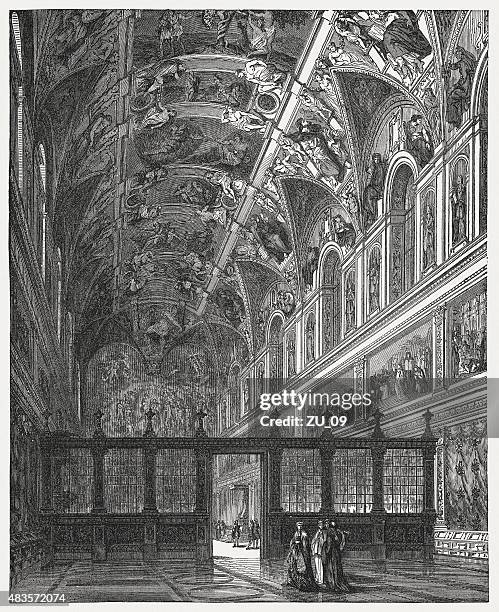ilustraciones, imágenes clip art, dibujos animados e iconos de stock de bajo techo con vista a la capilla sixtina, vaticano, publicado en 1878 - techo abovedado