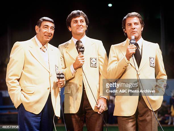 Commentators gallery - 9/26/77 Howard Cosell, Don Meredith and Frank Gifford at the New England Patriots vs. Cleveland Browns game, won by the Browns...