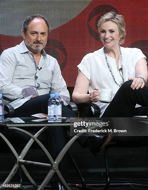 Actors Kevin Pollak and Jane Lynch speak onstage during the 'Angel from Hell' panel discussion at the CBS portion of the 2015 Summer TCA Tour at The...