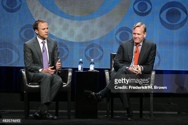 David Rhodes, President of CBS News and John Dickerson, Political Director for CBS News speak onstage during the 'CBS News' panel discussion at the...