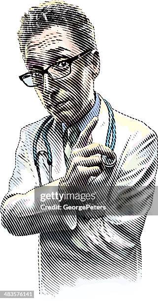 illustration of a doctor listening and gesturing - horn rimmed glasses stock illustrations stock illustrations