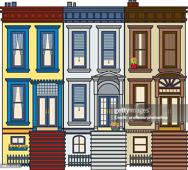 ilustraciones, imágenes clip art, dibujos animados e iconos de stock de fila de brownstone - terraced house