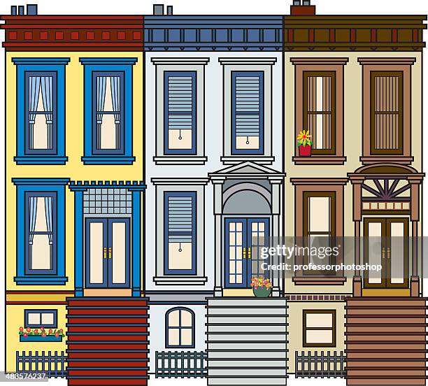 ilustraciones, imágenes clip art, dibujos animados e iconos de stock de fila de brownstone - row house