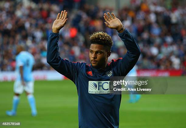 New West Bromwich Albion signing Serge Gnabry salutes the crowd prior to the Barclays Premier League match between and Manchester City at The...