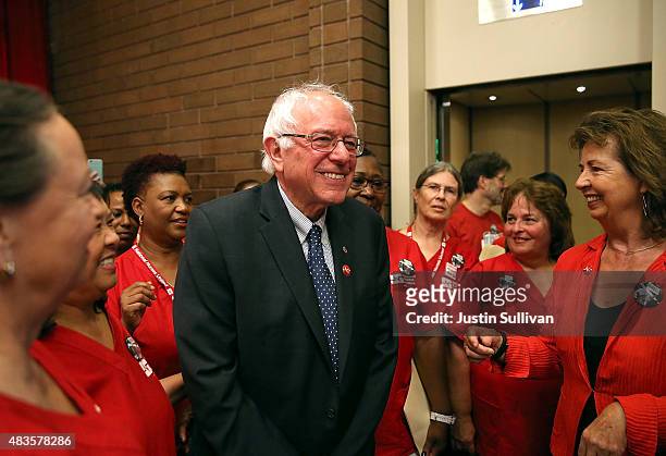 Independent presidential candidate U.S. Sen. Bernie Sanders greets nurses as he arrives at a "Brunch with Bernie" campaign rally at the National...