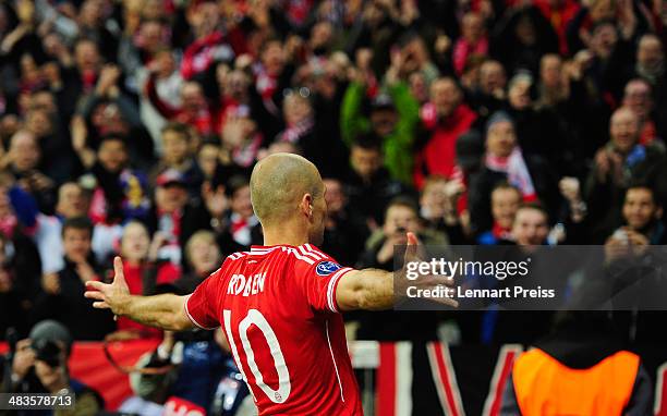 Arjen Robben of Muenchen celebrates his teams third goal during the UEFA Champions League quarter-final second leg match between FC Bayern Muenchen...