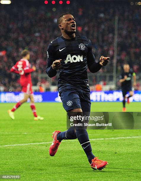 Patrice Evra of Manchester United celebrates his goal during the UEFA Champions League Quarter Final second leg match between FC Bayern Muenchen and...