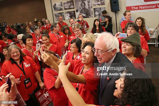 Independent presidential candidate U.S. Sen. Bernie Sanders takes a selfie with nurses from the National Nurse United during a "Brunch with Bernie"...