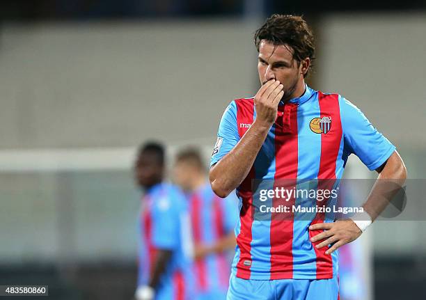 Riccardo Maniero of Catania shows his dejection during the TIM Cup match between Calcio Catania and Spal at Stadio Angelo Massimino on August 10,...