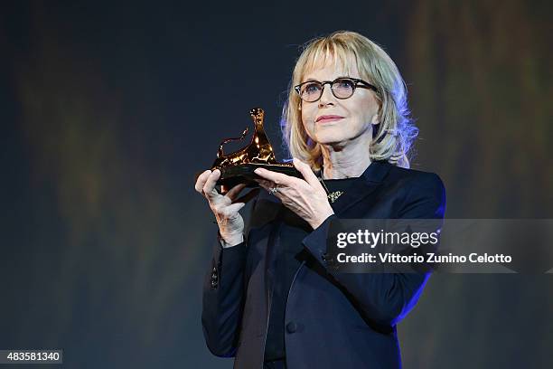 Actress Bulle Ogier receives the Pardo alla Carriera Award on August 10, 2015 in Locarno, Switzerland.