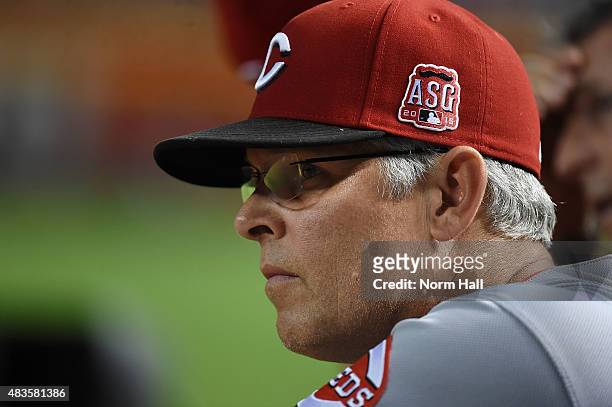 Bench coach Jay Bell of the Cincinnati Reds looks on from the bench against the Arizona Diamondbacks at Chase Field on August 7, 2015 in Phoenix,...