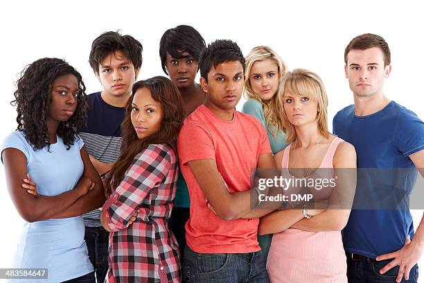 students standing in a group looking serious - crowd of people white background stock pictures, royalty-free photos & images