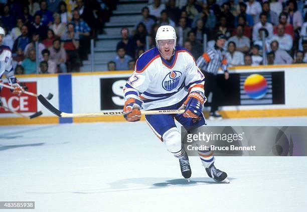 Jari Kurri of the Edmonton Oilers skates on the ice during the 1988 Stanley Cup Finals against the Boston Bruins in May, 1988 at the Northlands...