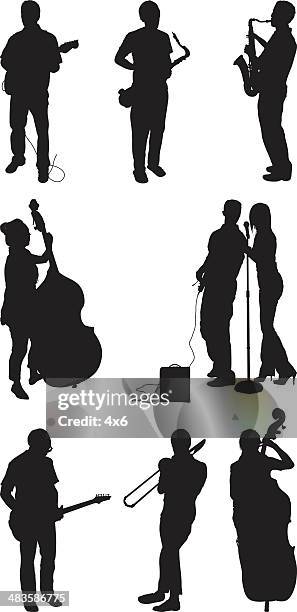 stockillustraties, clipart, cartoons en iconen met musical performers playing instruments - een instrument plukken