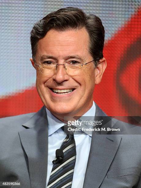 Host, executive producer, writer Stephen Colbert speaks onstage during the 'The Late Show with Stephen Colbert' panel discussion at the CBS portion...