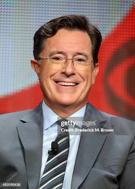 Host, executive producer, writer Stephen Colbert speaks onstage during the 'The Late Show with Stephen Colbert' panel discussion at the CBS portion...
