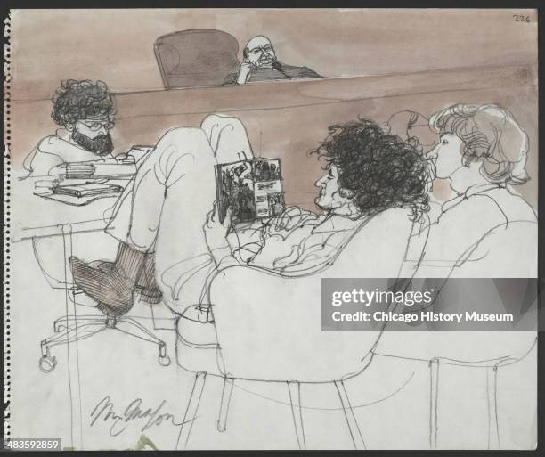 Abbie Hoffman reading a magazine, in a courtroom illustration during the trial of the Chicago Eight, Chicago, Illinois, late 1969 or early 1970. The...